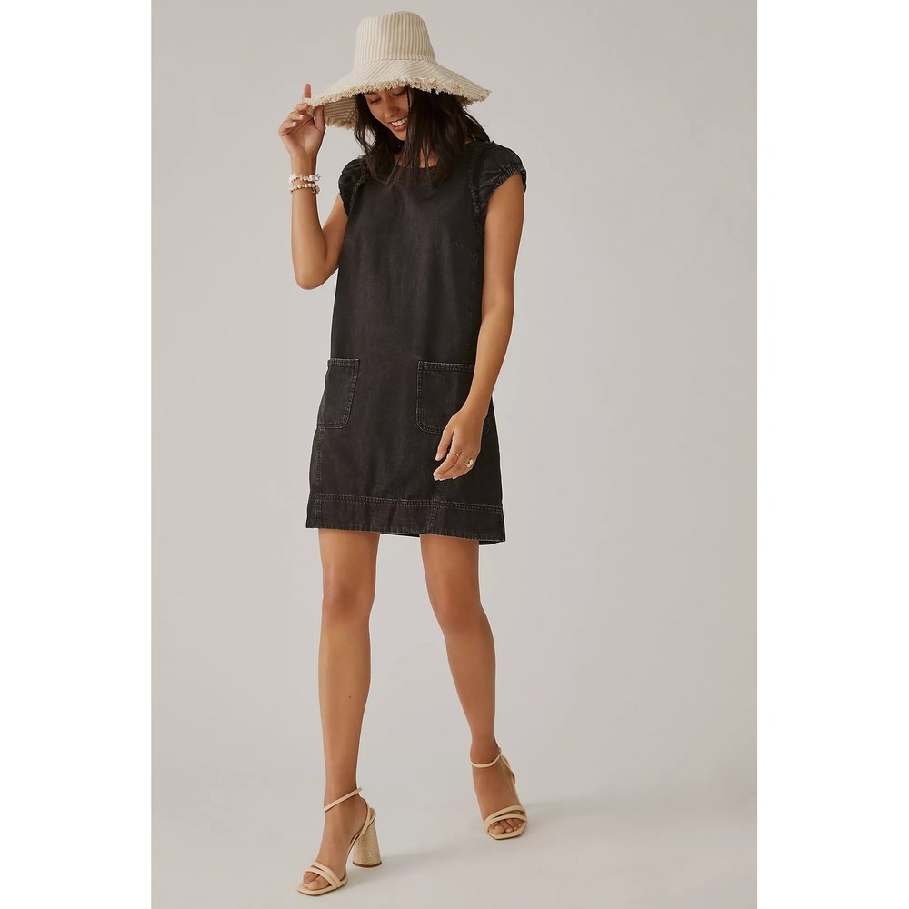 Pilcro Denim Mini Dress Womens 00 Black Open Back Ruffle Sleeve Anthropologie